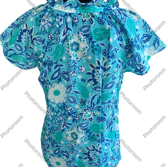 Talbots Blue & White Floral Short Sleeve Tassel Tie Neck Small Blouse - Picture 5 of 5